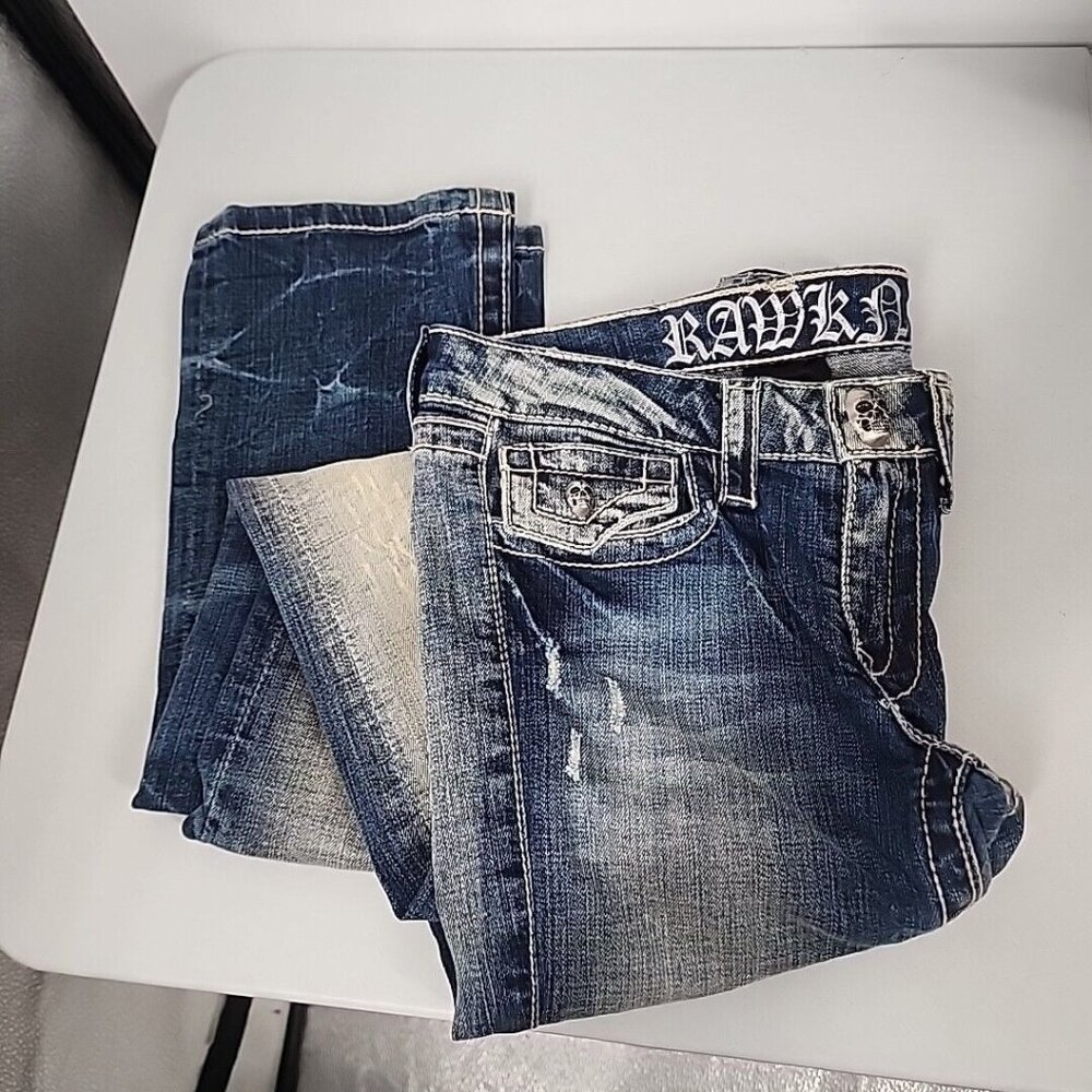 New RAWKN Jeans Size 25 Skull And Lightning RARE Los Angeles USA Made Womens whi